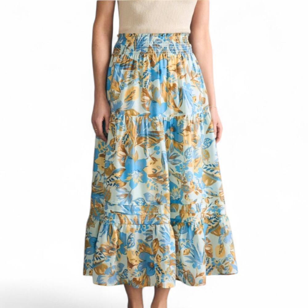 Faherty Ivy Floral Tiered Smocked Waist Maxi Skirt Blue Yellow Cotton Silk L
